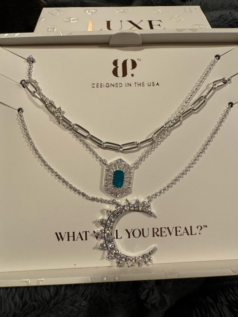 Luxe Layers Silver Necklace Set with Teal Stone and Crescent Moon Pendant